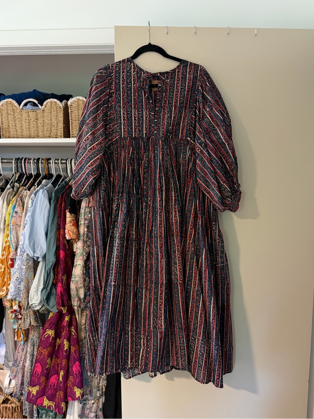 Women's Striped Floral Midi Dress in Navy and Red